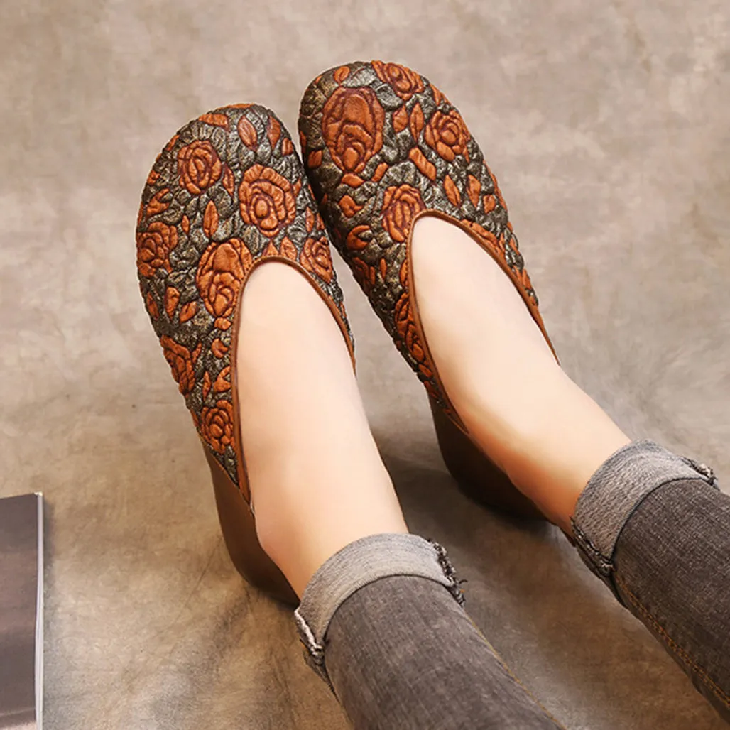 Embossed Leather Handmade Soft Comfortable Flat Shoes