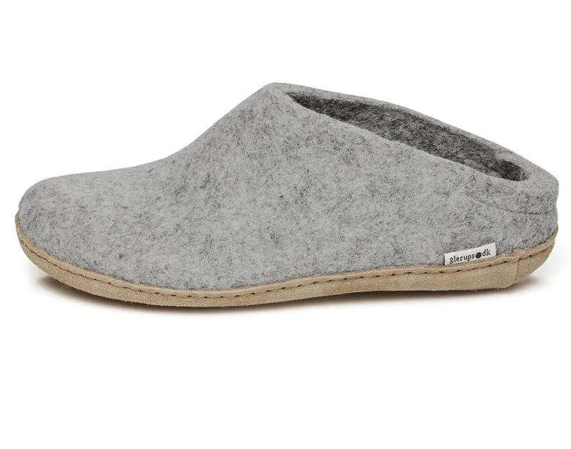 Glerups Slippers Felted Wool Slip On with Leather Sole - Grey