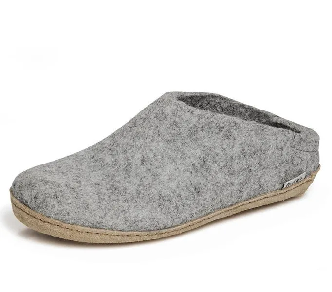 Glerups Slippers Felted Wool Slip On with Leather Sole - Grey