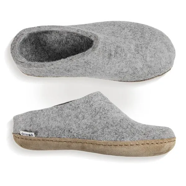 Glerups Slippers Felted Wool Slip On with Leather Sole - Grey