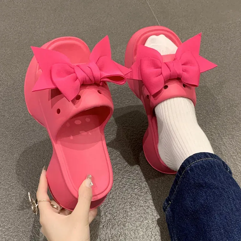 Hnzxzm Sweet Bowknot Platform Slippers Women Summer Breathable Hollow Out Eva Slides Woman Thick Bottom Non-Slip Beach Flip Flops