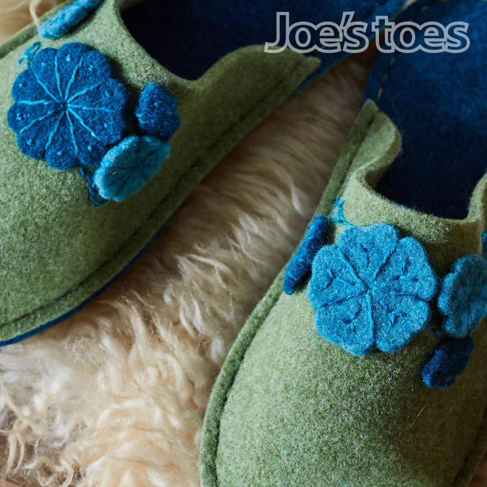 Joe's Toes Felt Flower Slippers in Green, Teal & Turquoise