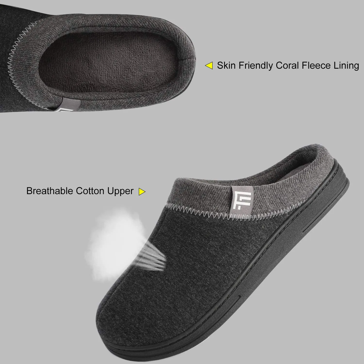 Men's Breathable Cotton Jersey Memory Foam Slippers with Non-Slip Sole