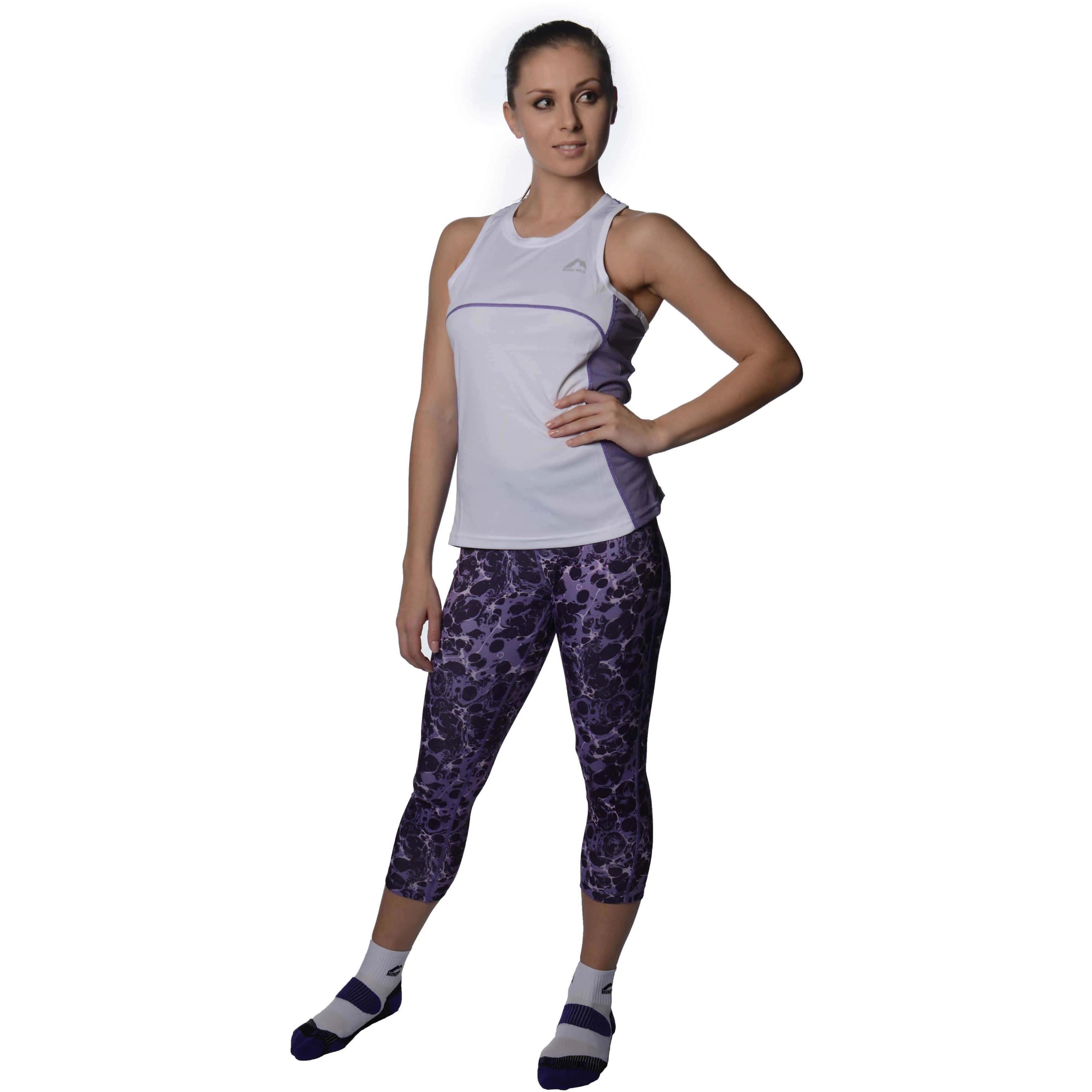 More Mile Printed Womens 3/4 Capri Running Tights - Purple