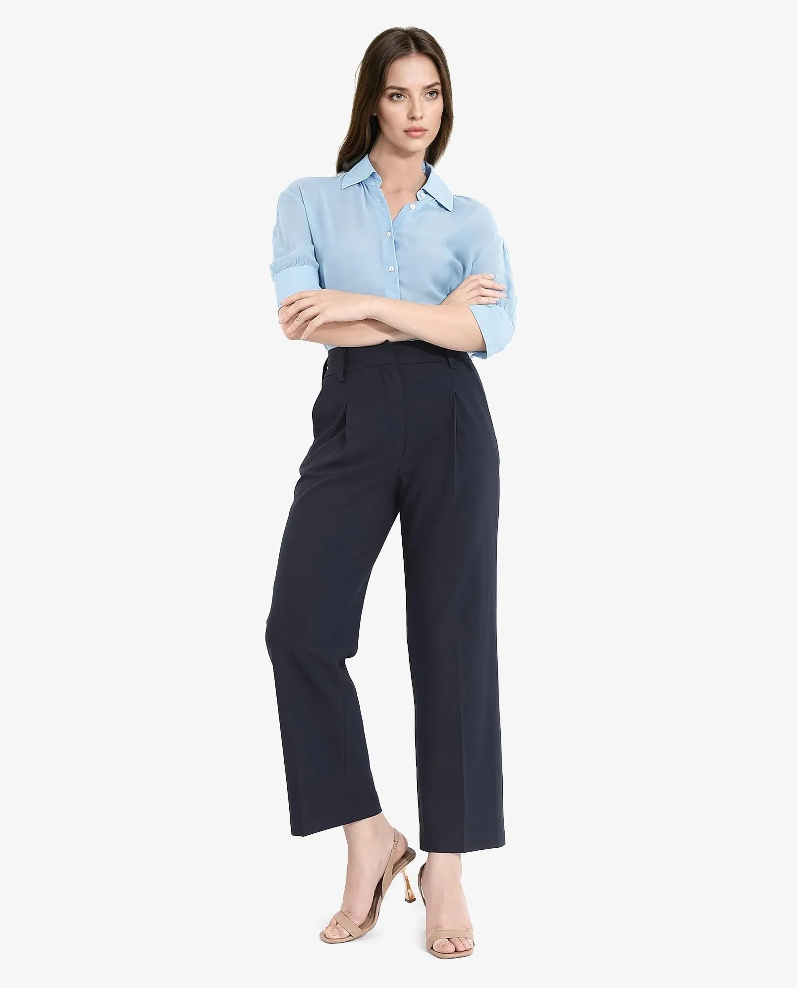 Rareism Women Tatsa Navy Button Closure Straight Fit Ankle Length Plain Trouser