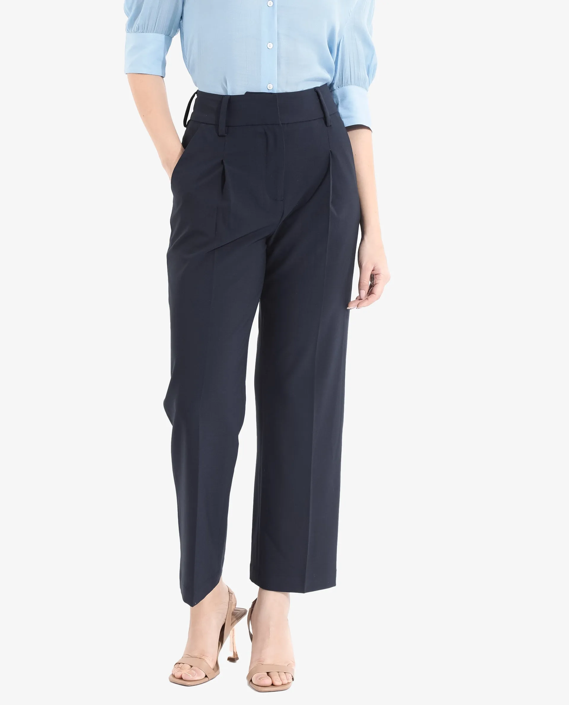 Rareism Women Tatsa Navy Button Closure Straight Fit Ankle Length Plain Trouser