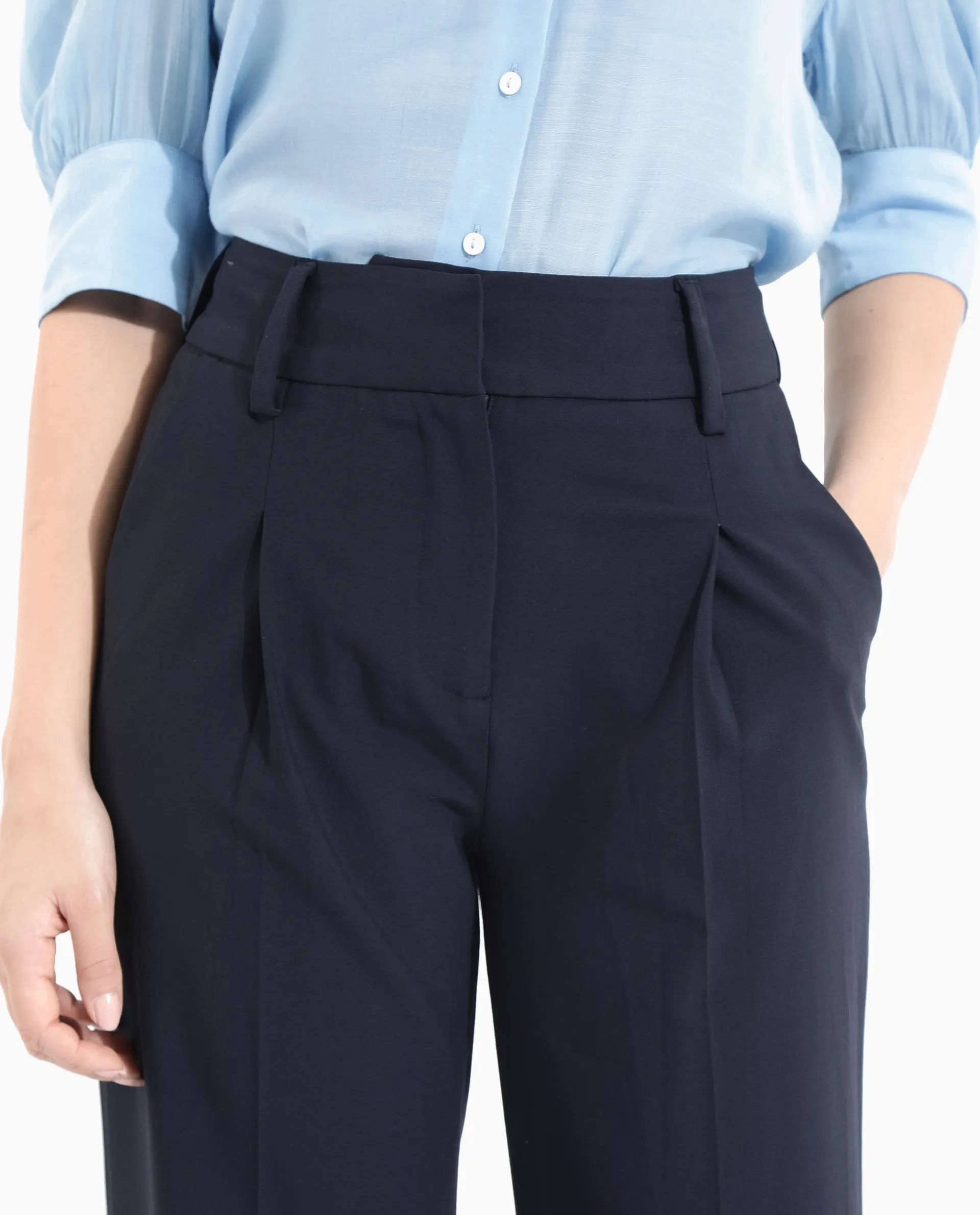 Rareism Women Tatsa Navy Button Closure Straight Fit Ankle Length Plain Trouser