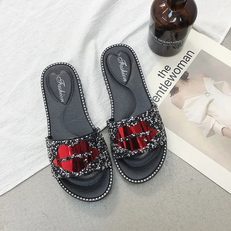 Rhinestone Slippers with Red Lips for Women