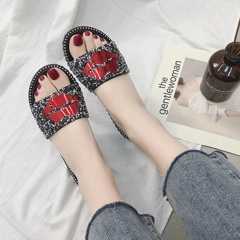 Rhinestone Slippers with Red Lips for Women