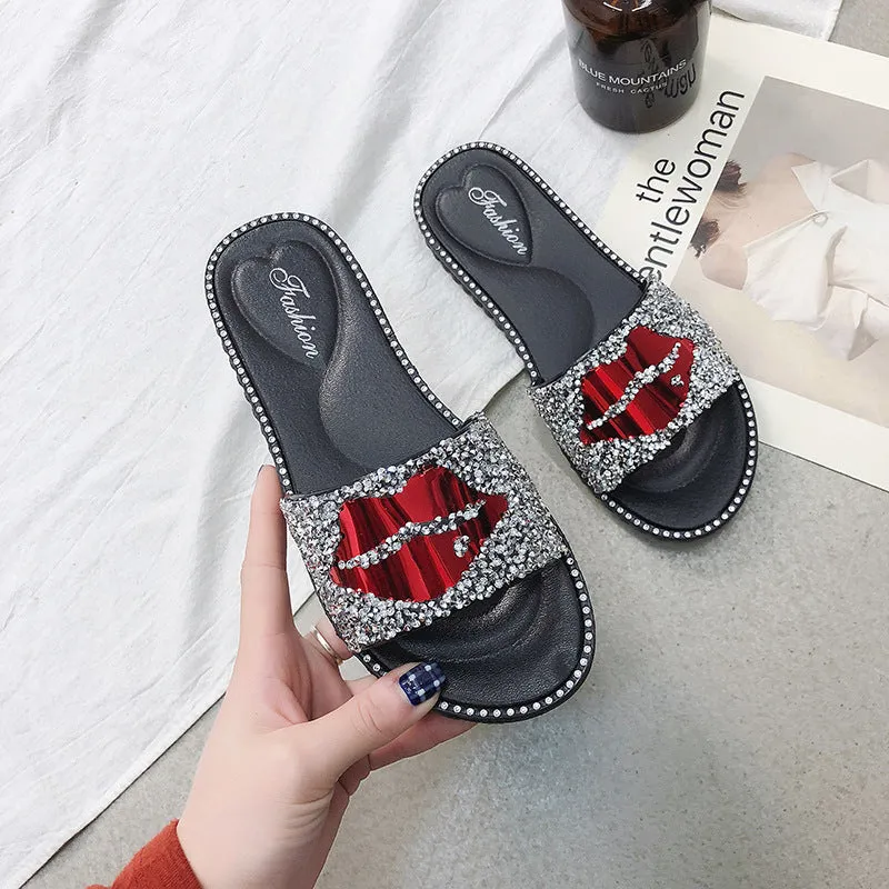 Rhinestone Slippers with Red Lips for Women