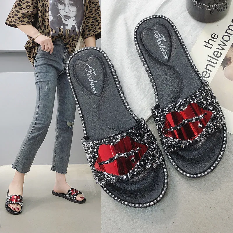 Rhinestone Slippers with Red Lips for Women