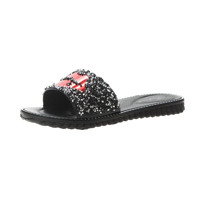 Rhinestone Slippers with Red Lips for Women