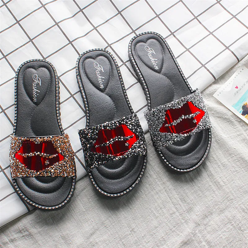 Rhinestone Slippers with Red Lips for Women