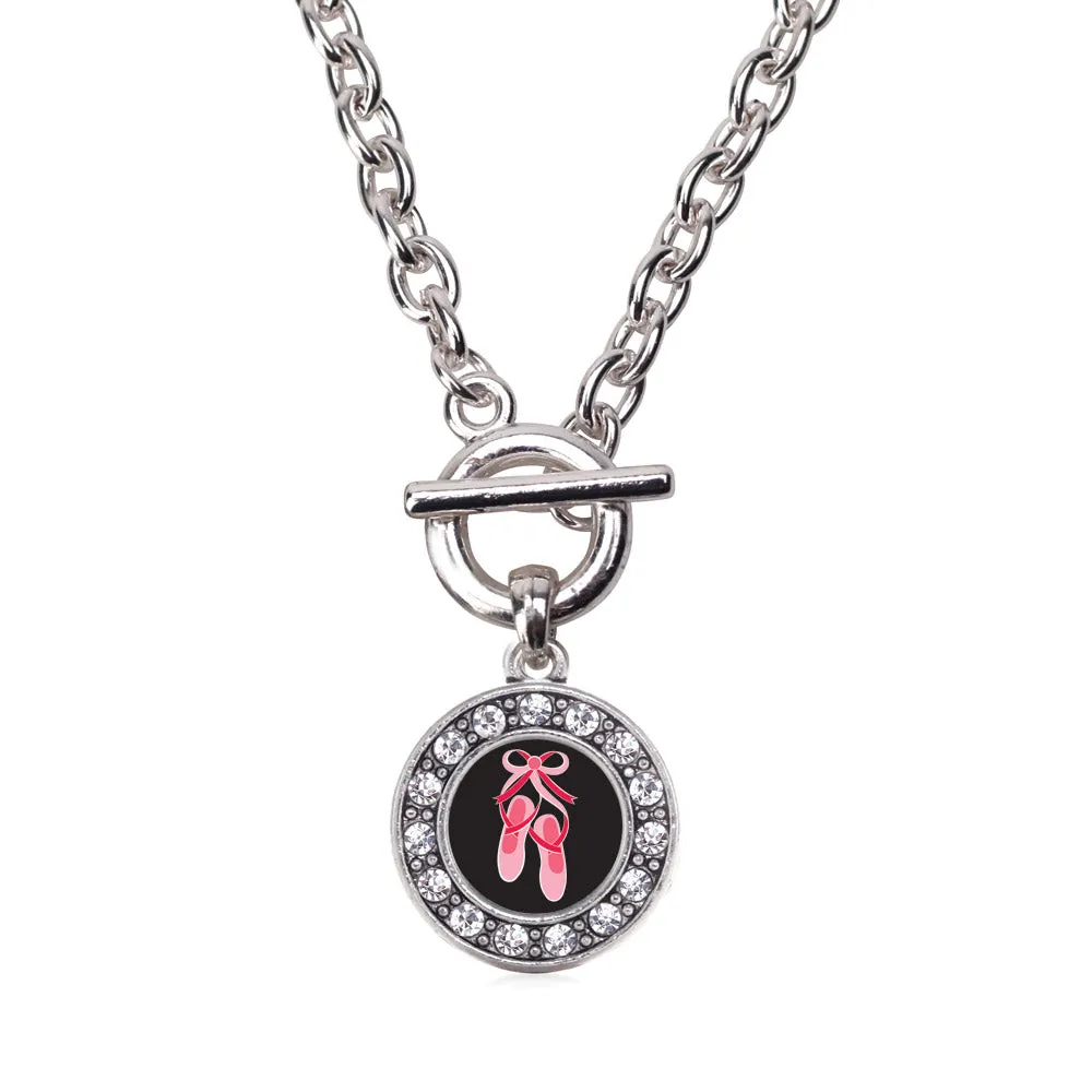 Silver Ballerina Slippers Circle Charm Toggle Necklace