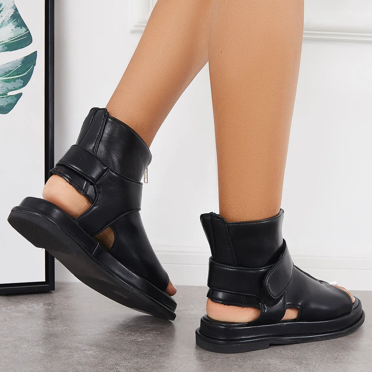 Sohiwoo Black High Top Platform Heel Sandals Slingback Ankle Boots