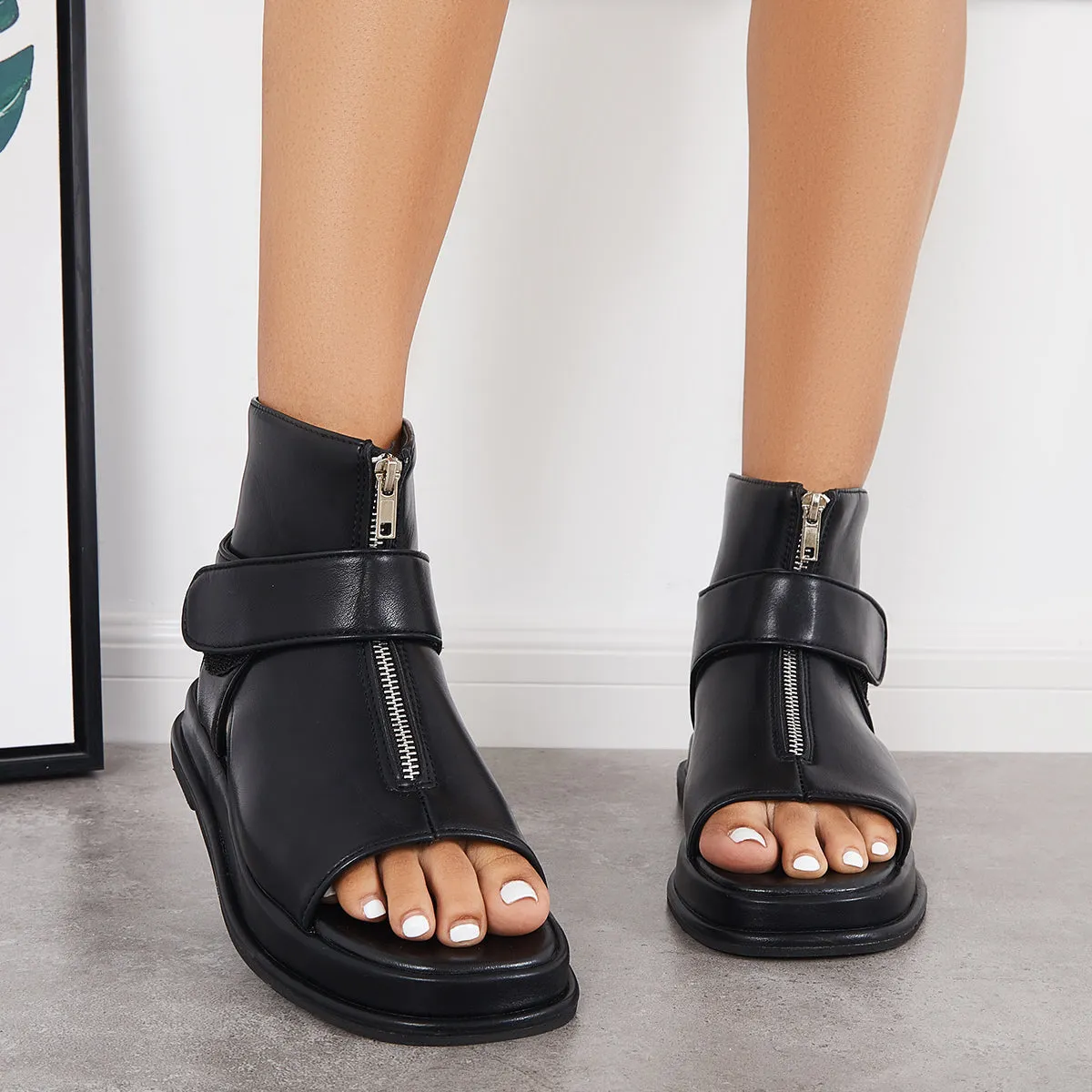 Sohiwoo Black High Top Platform Heel Sandals Slingback Ankle Boots