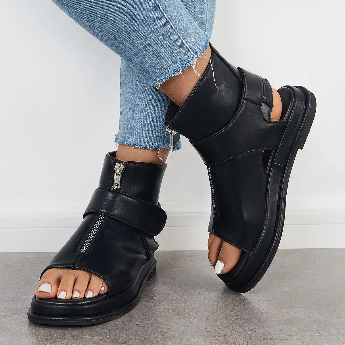 Sohiwoo Black High Top Platform Heel Sandals Slingback Ankle Boots