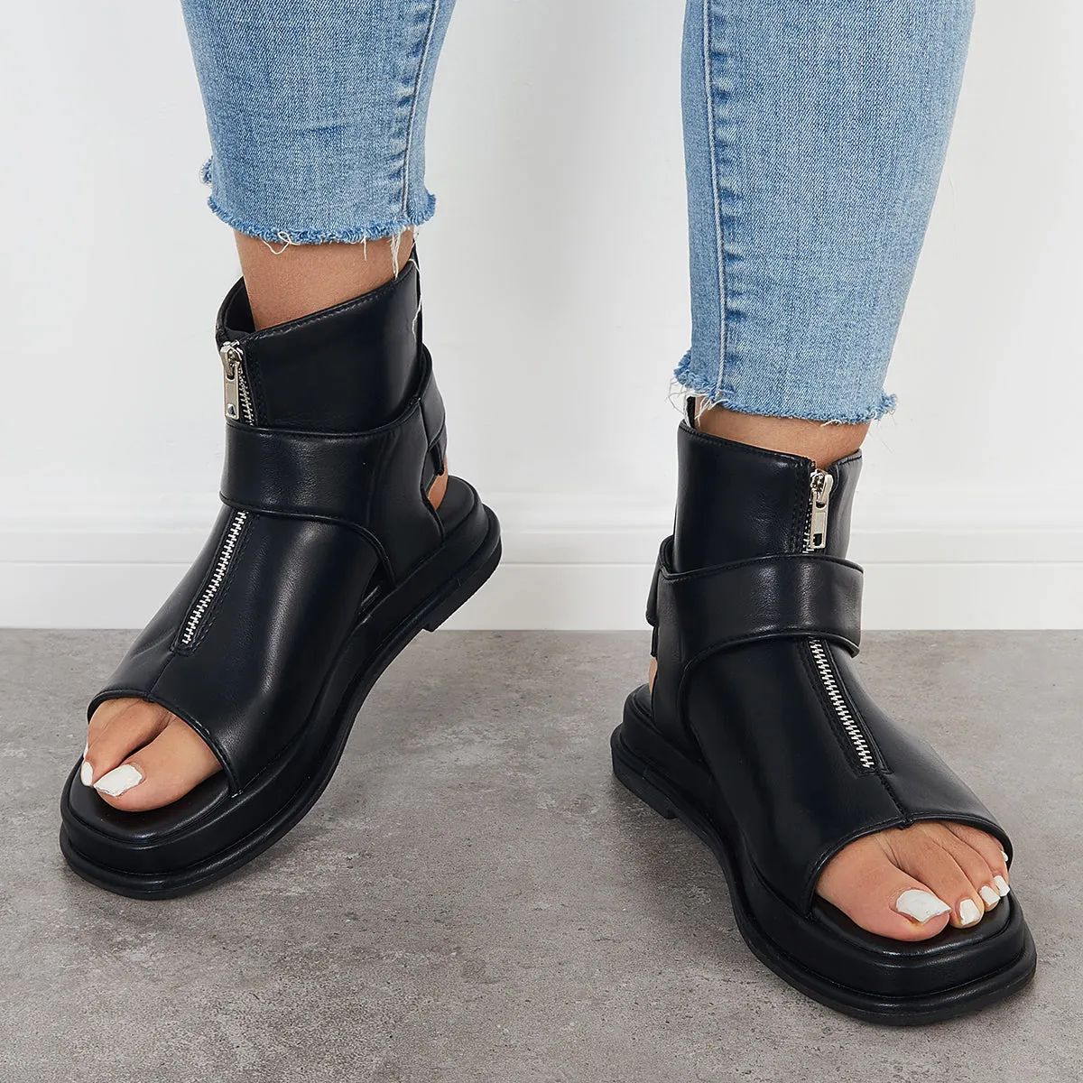 Sohiwoo Black High Top Platform Heel Sandals Slingback Ankle Boots