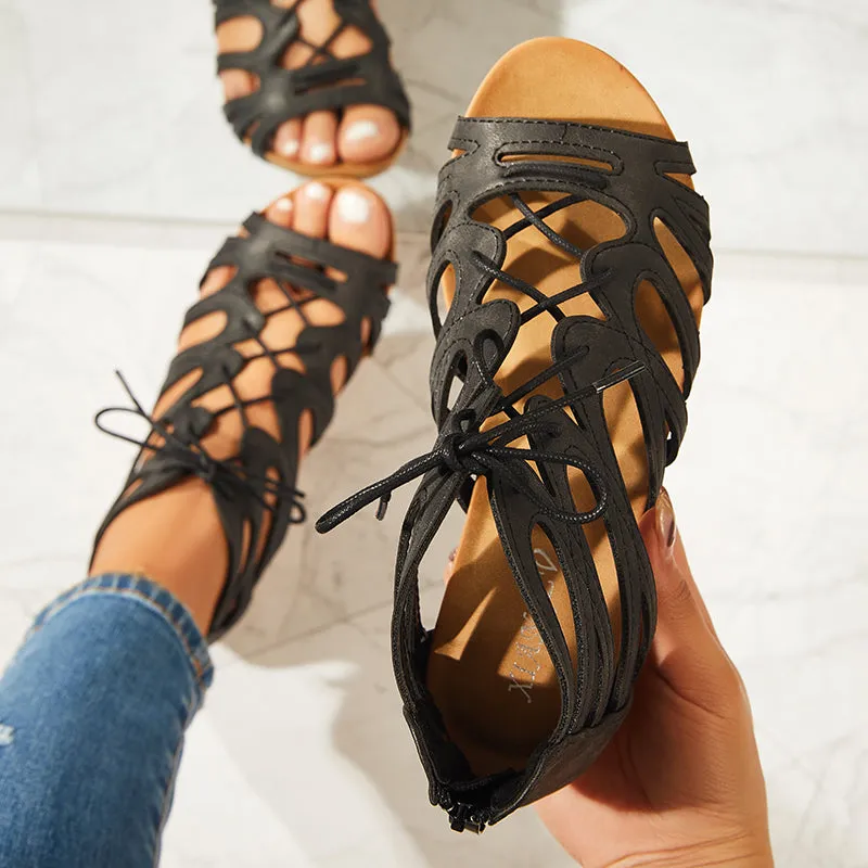 Sohiwoo Lace Up Gladiator Wedges Peep Toe Cutout Back Zip Sandals