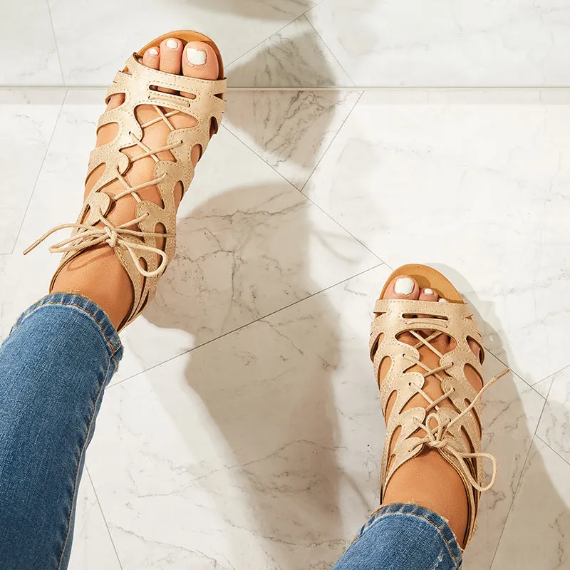 Sohiwoo Lace Up Gladiator Wedges Peep Toe Cutout Back Zip Sandals