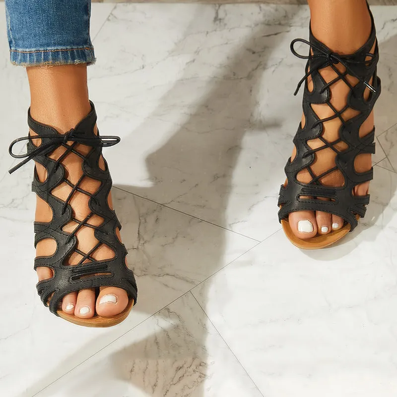 Sohiwoo Lace Up Gladiator Wedges Peep Toe Cutout Back Zip Sandals