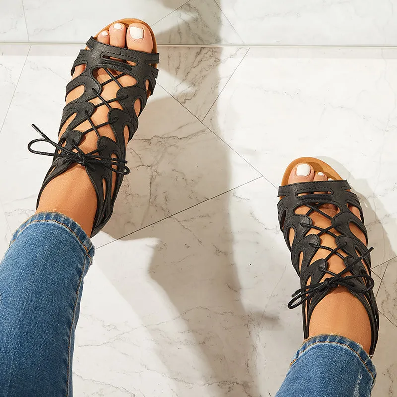 Sohiwoo Lace Up Gladiator Wedges Peep Toe Cutout Back Zip Sandals