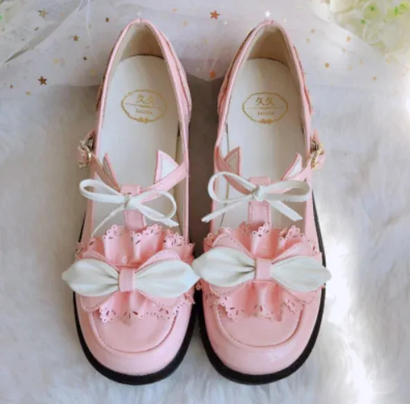 Sohiwoo Lolita Japanese sweet bow round toe Lolita lo shoes kawaii shoes vintage round head comfortable women shoes loli cosplay Lolita