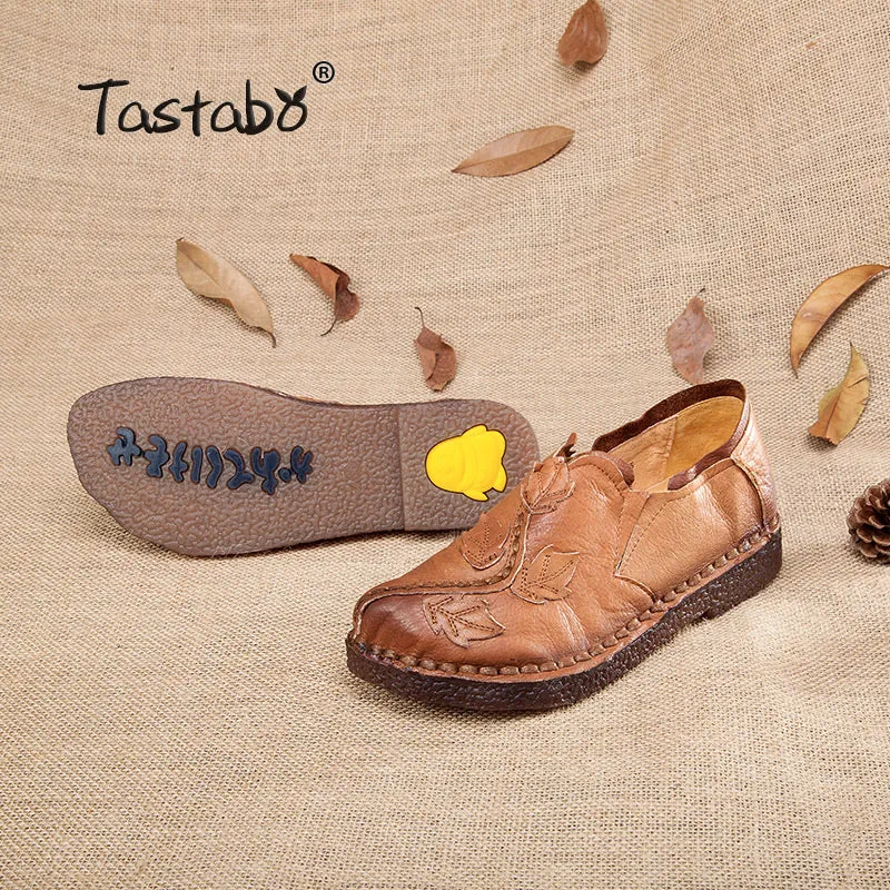 Tastabo Fashion Handmade Leave Comfortable Folk Flat Femme Genuine Leather Soft Driving Shoes