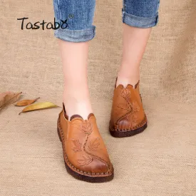 Tastabo Fashion Handmade Leave Comfortable Folk Flat Femme Genuine Leather Soft Driving Shoes