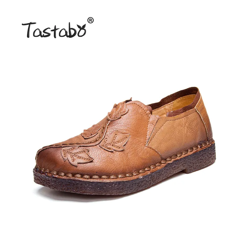 Tastabo Fashion Handmade Leave Comfortable Folk Flat Femme Genuine Leather Soft Driving Shoes