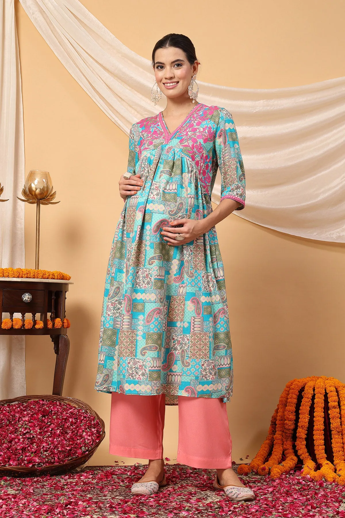 Turquoise Bliss paisley patchwork Printed Maternity Feeding Suit Set