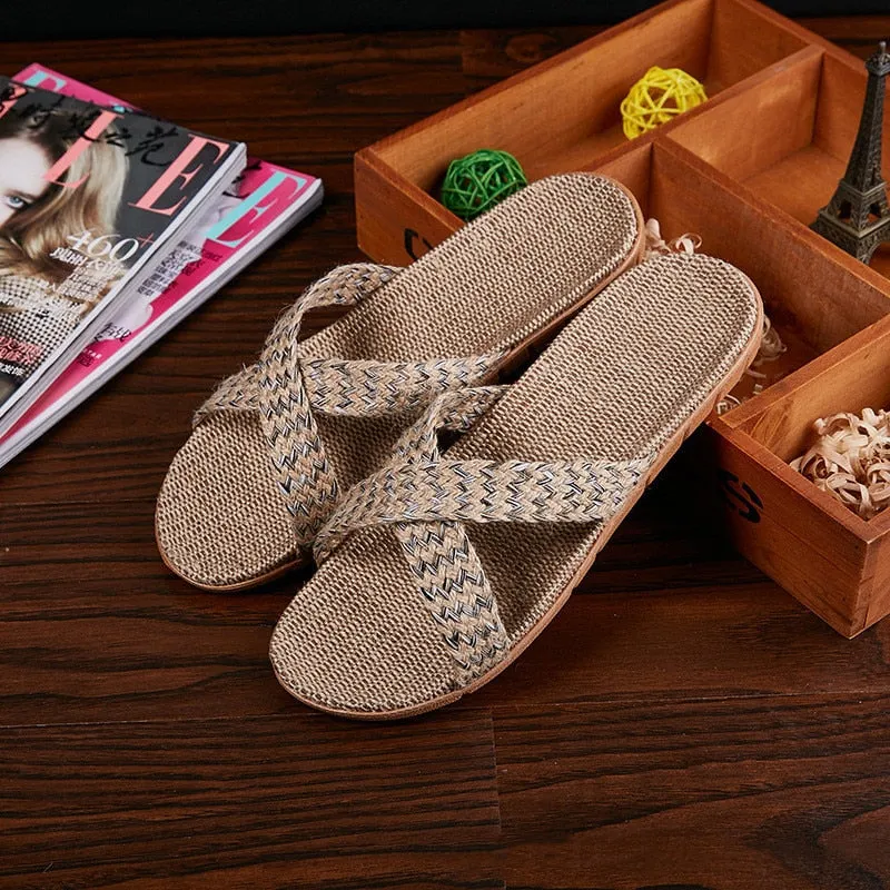 Women Indoor Slippers Home Flax Slides Summer Flat Shoes Woman House Floor Slippers Breathable Lovers Bedroom Shoes SH061202