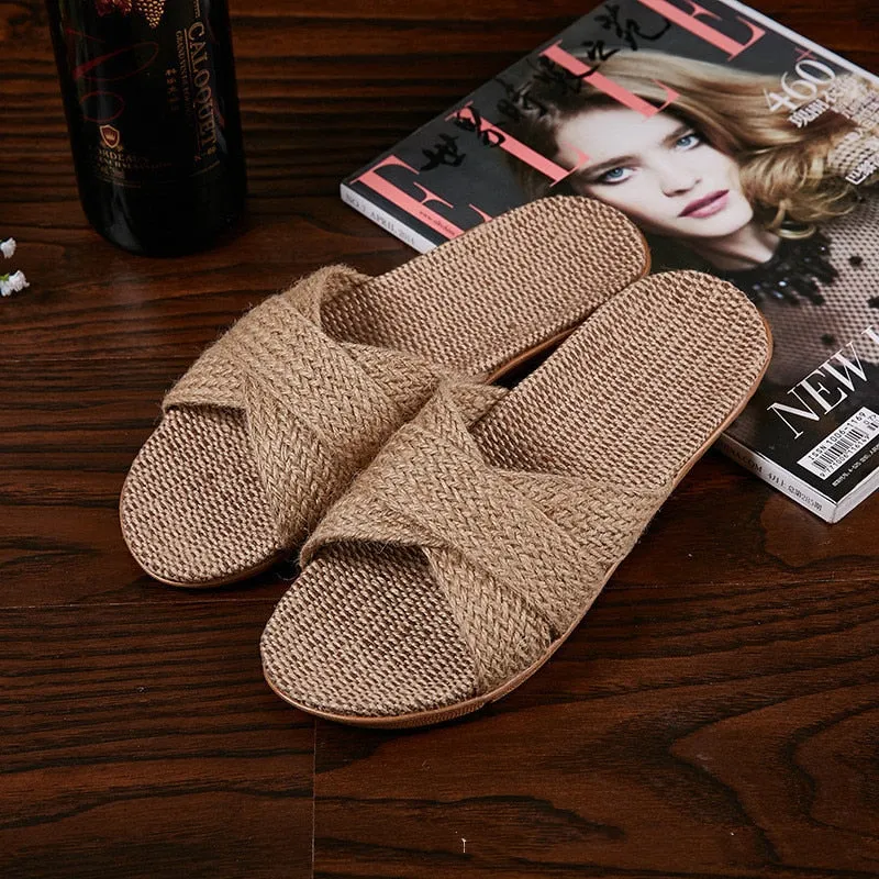 Women Indoor Slippers Home Flax Slides Summer Flat Shoes Woman House Floor Slippers Breathable Lovers Bedroom Shoes SH061202