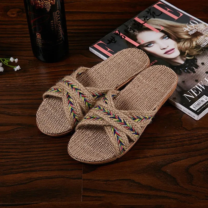 Women Indoor Slippers Home Flax Slides Summer Flat Shoes Woman House Floor Slippers Breathable Lovers Bedroom Shoes SH061202