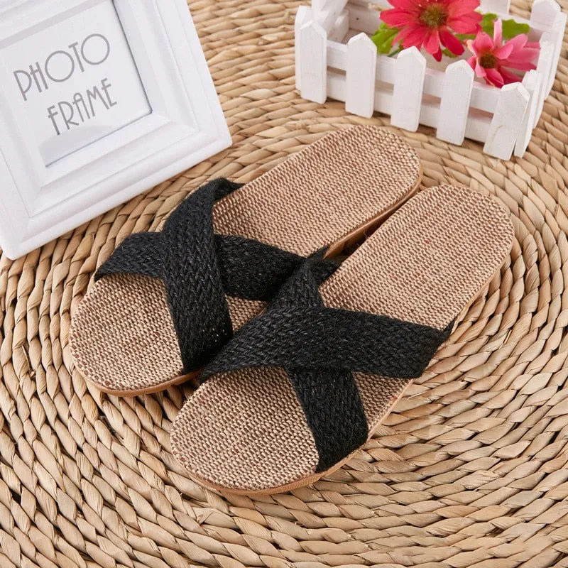 Women Indoor Slippers Home Flax Slides Summer Flat Shoes Woman House Floor Slippers Breathable Lovers Bedroom Shoes SH061202