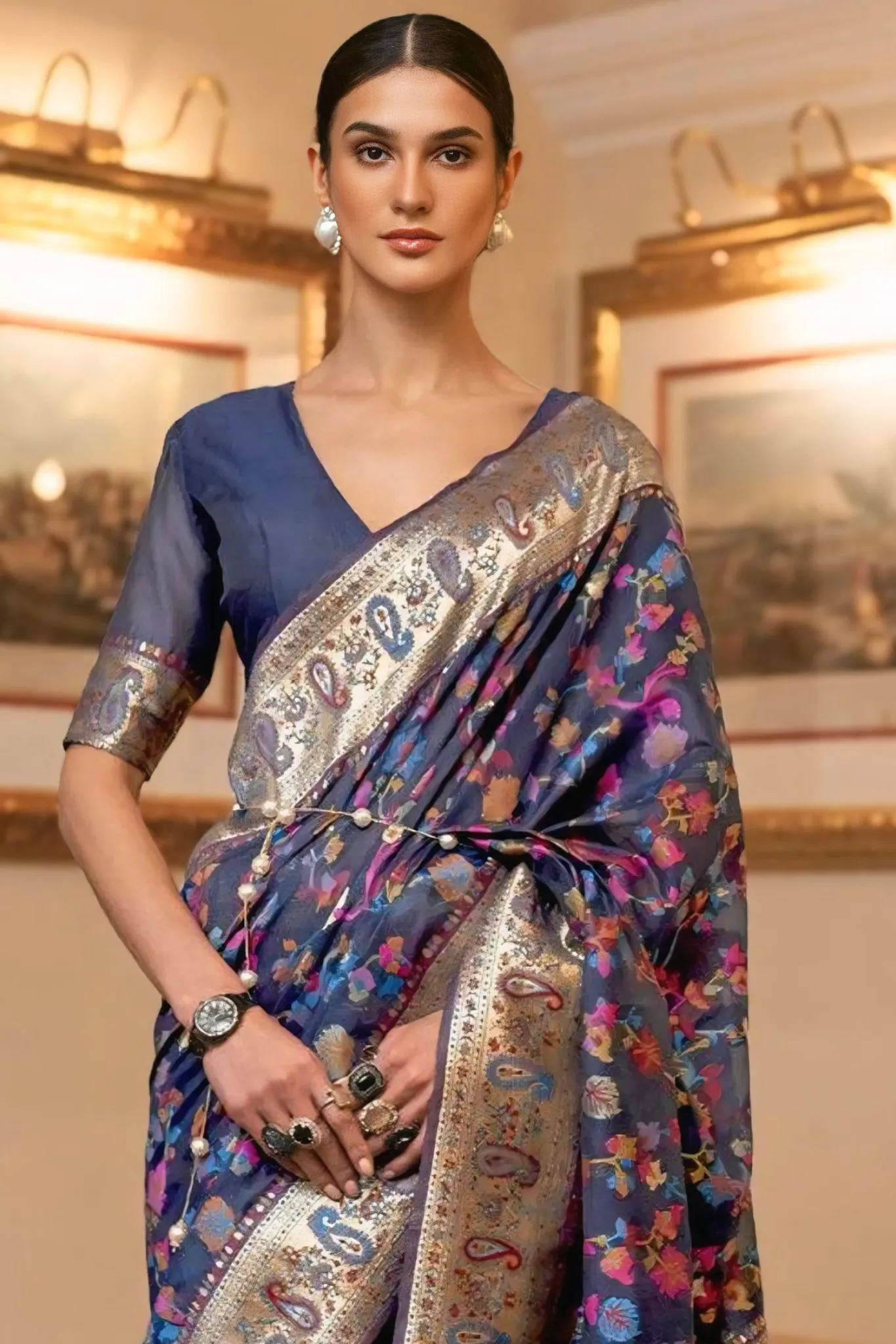 WOMEN MULTIPLE COLOUR TREAD WEAVING PURE ZARI SAREE