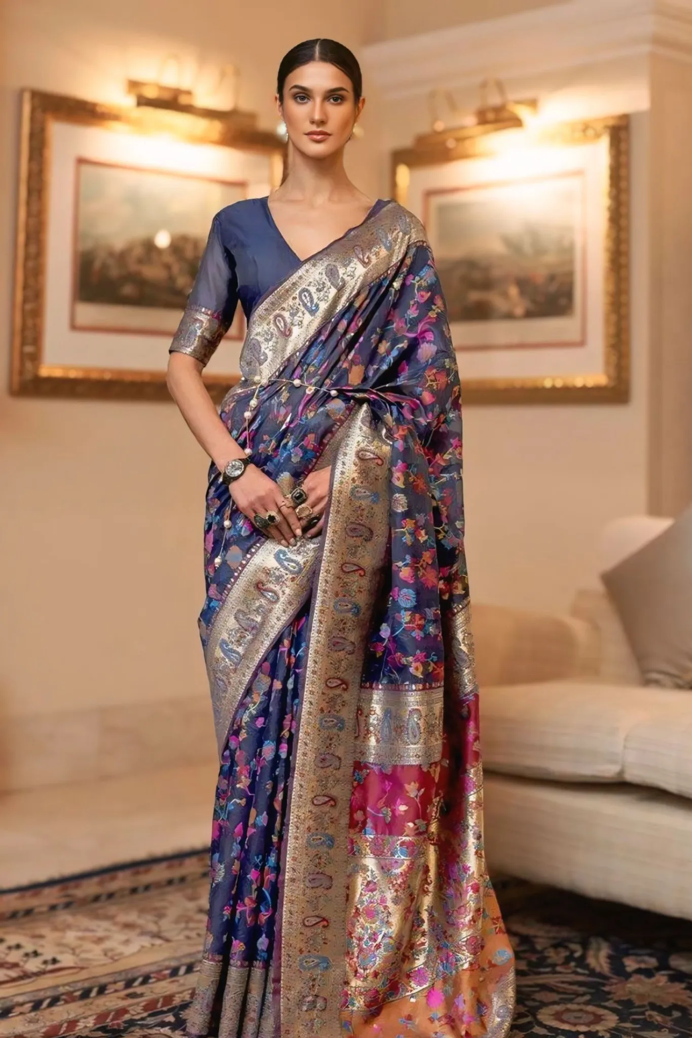 WOMEN MULTIPLE COLOUR TREAD WEAVING PURE ZARI SAREE