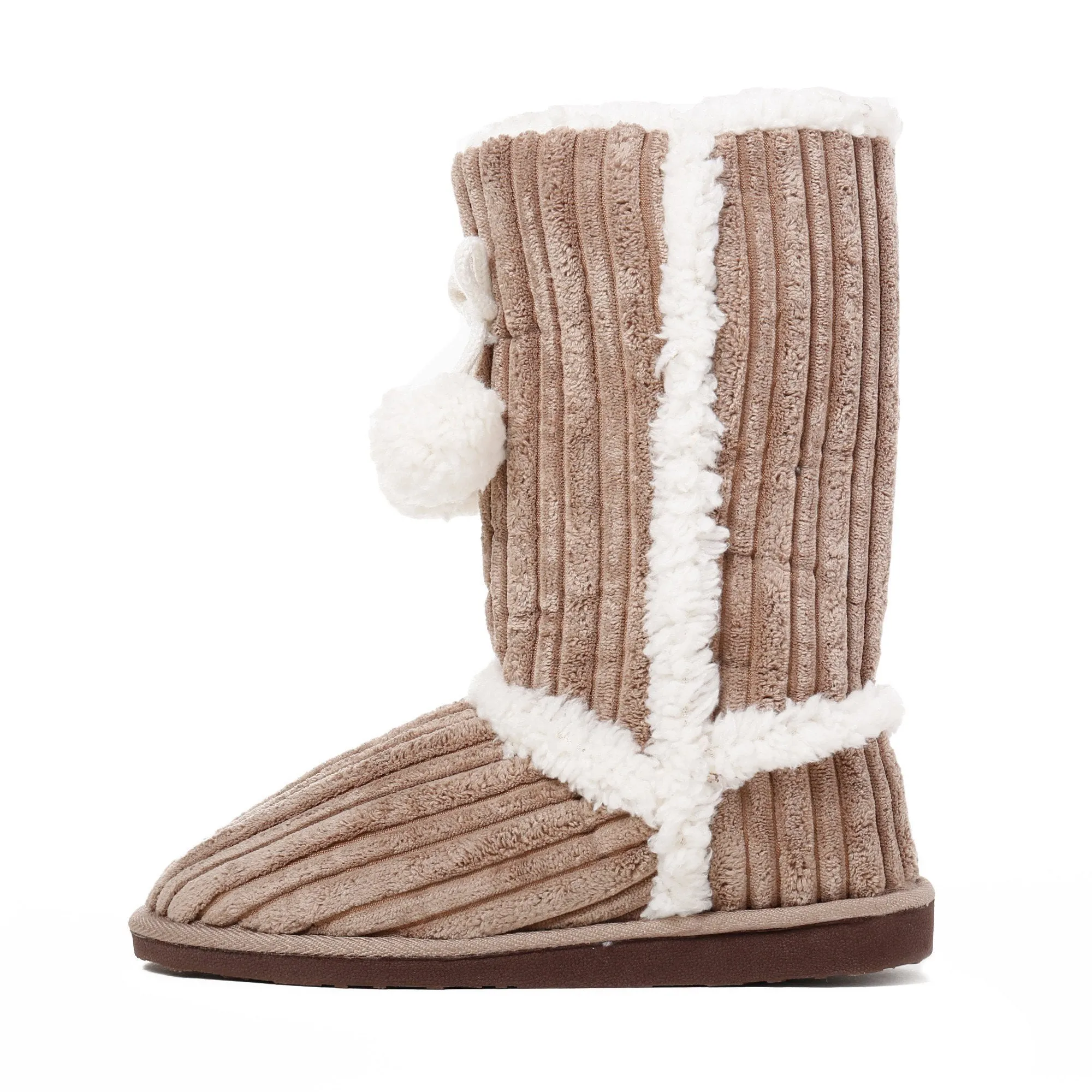 Women's Textured Shearling Tall Boot Slipper with Pom Detail - Beige