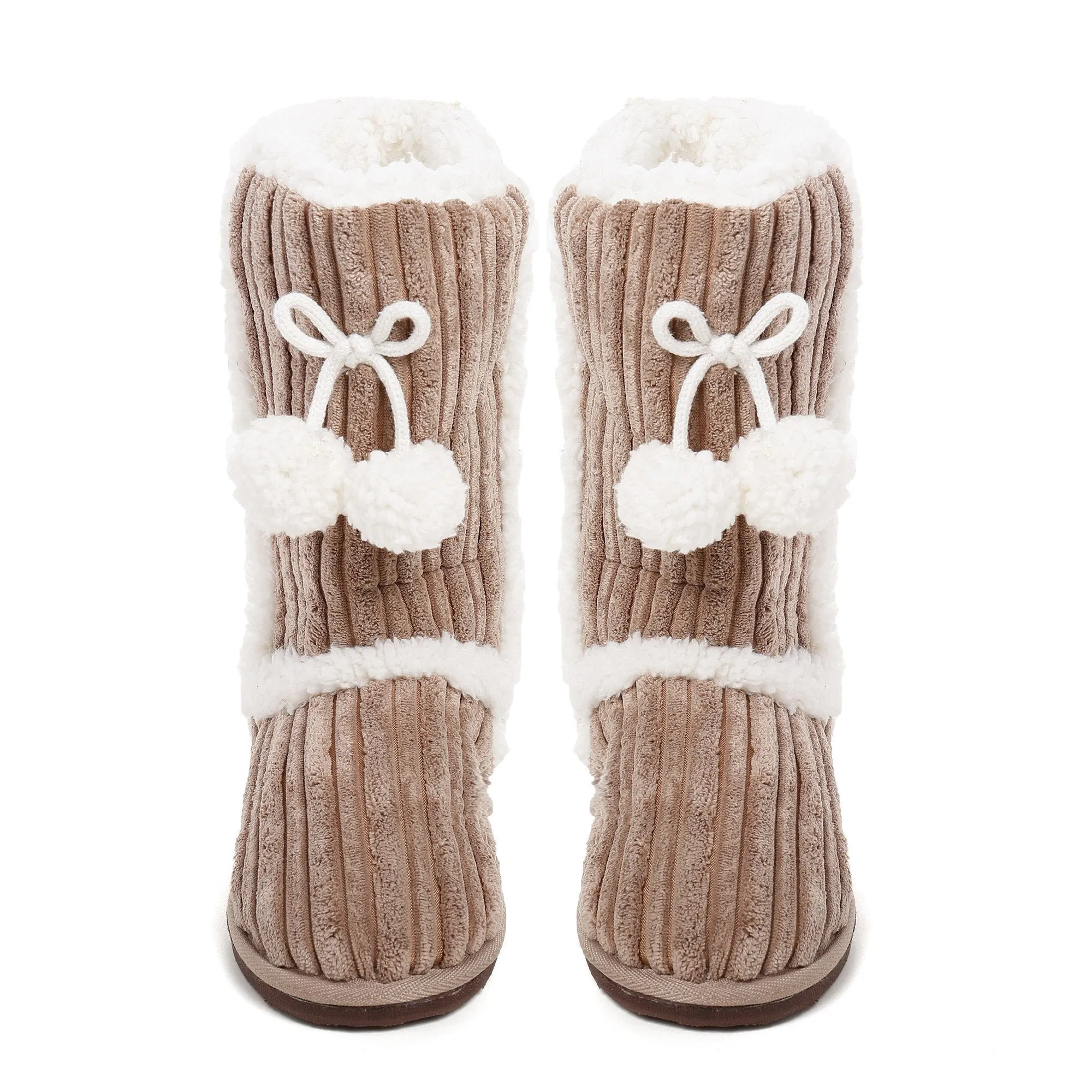 Women's Textured Shearling Tall Boot Slipper with Pom Detail - Beige